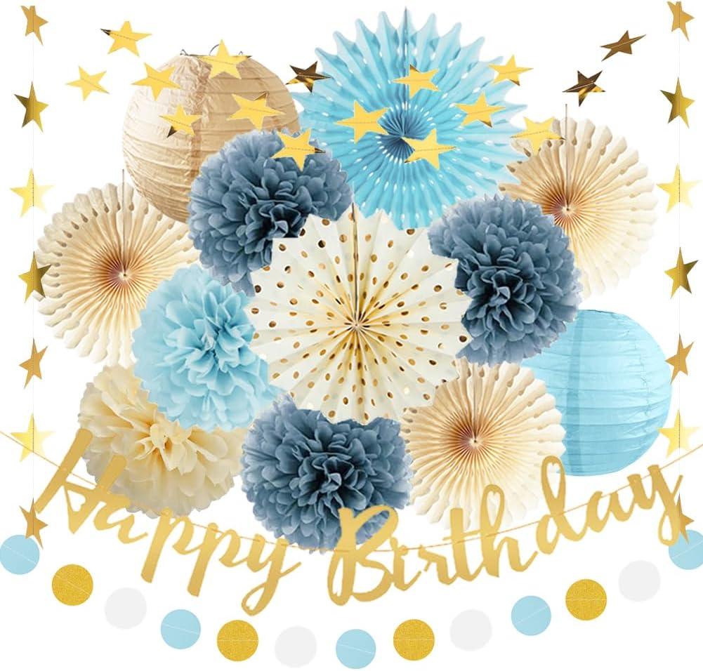 Blue Boho Birthday Decorations Light Dusty Blue Party Decorations Happy Birthday Banner Paper Pom Poms Fans Paper Lanterns for Men Women Boys Girls Birthday Party Decor