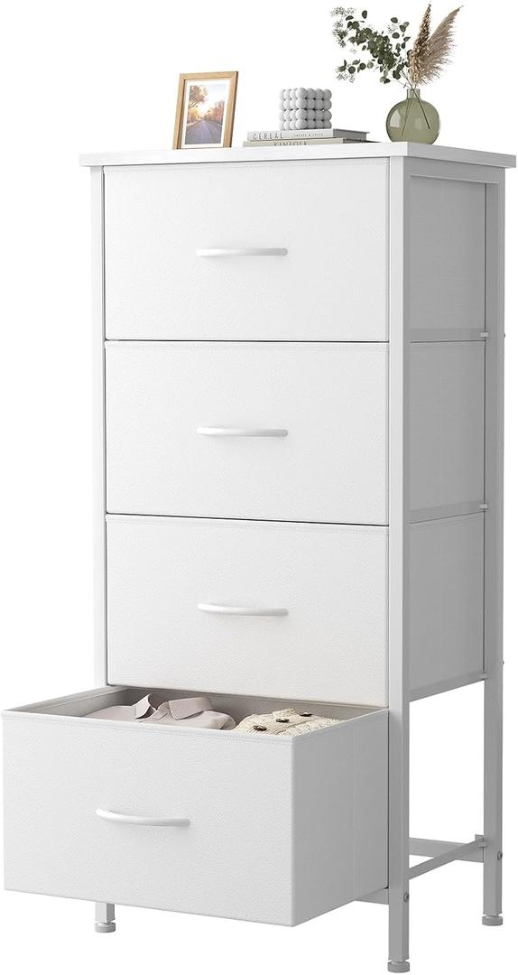 Sweetcrispy 4 Fabric Drawer Small Dresser, Bedside Nightstand with Wooden Top Sturdy Frame, Entryway Closet Bedroom Storage Cabinet Furniture for Dorm,White, 11.8"D x 17.7"W x 37.5"H