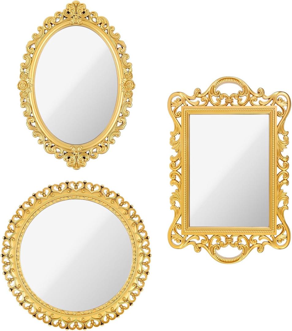 YEXEXINM 3 Styles Vintage Gold Mirror Set Decorative Antique Mirrors for Wall Hanging Vanity Table Mirrors with Stand Resin Frame Retro Mirror for Living Room, Bedroom, Dresser & Photography Decor