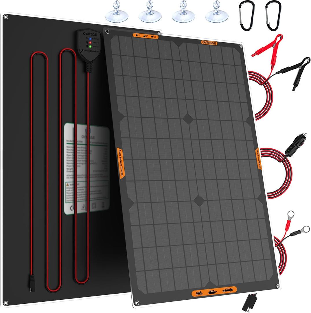 OYMSAE 30W 12V Solar Trickle Charger Maintainer, Waterproof Portable Solar Panel Battery Charger Kit with Cigarette Lighter Plug & Alligator Clips for Car, RV, Truck, Boat, Motorcycle, Marine