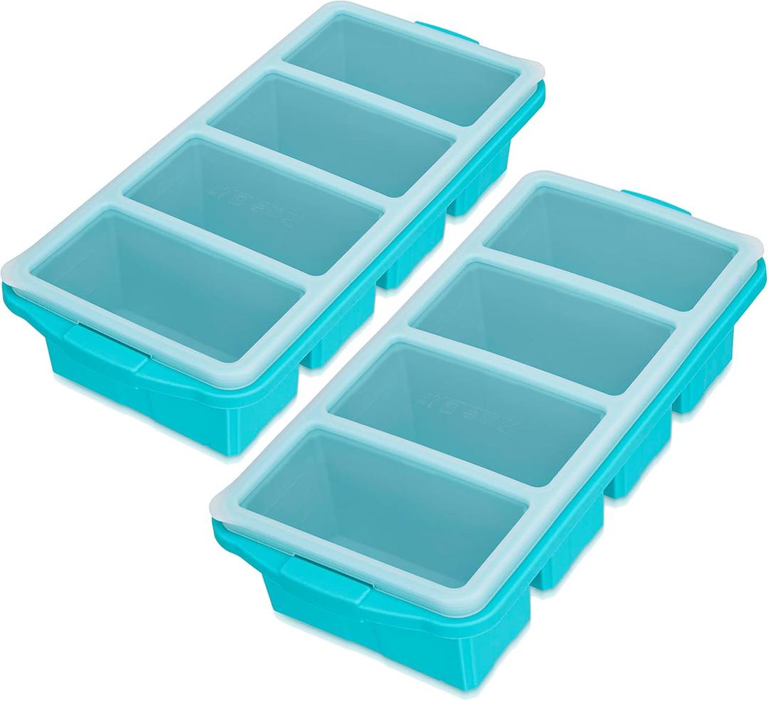 Silicone Freezer Tray With Lid - Soup Freezer Container molds - Large Ice Cube Tray- makes 8 perfect 1 cup portions cubes, 2-Pack Freezer Storage Food Soups & Meal Prep - Oven & Dishwasher -Safe