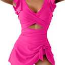 Aidonger One Piece Swimdress Swimsuit for Women Tummy Control Ruffle Swim Dress Skirt V Neck Cutout Wrap Bathing Suit Hot Pink XL