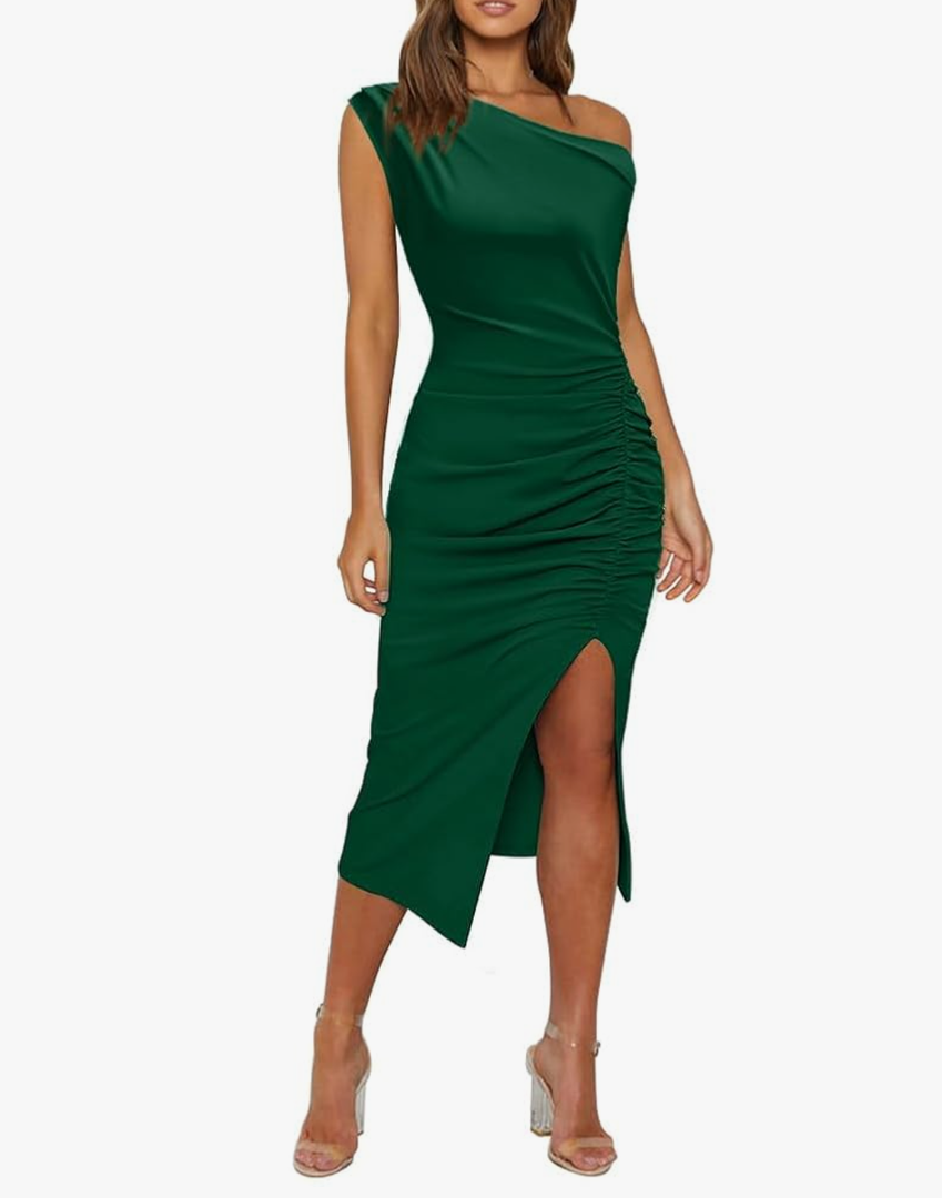 OWIN Women's Sexy Elegant Off Shoulder Sleeveless Side Slit Ruched Bodycon Wedding Guest Cocktail Party Midi Dress S