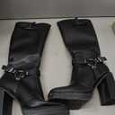 Women's Knee High Riding Boots Chunky Heel Wide Calf Motorcycle Boots with Side Zipper 7.5