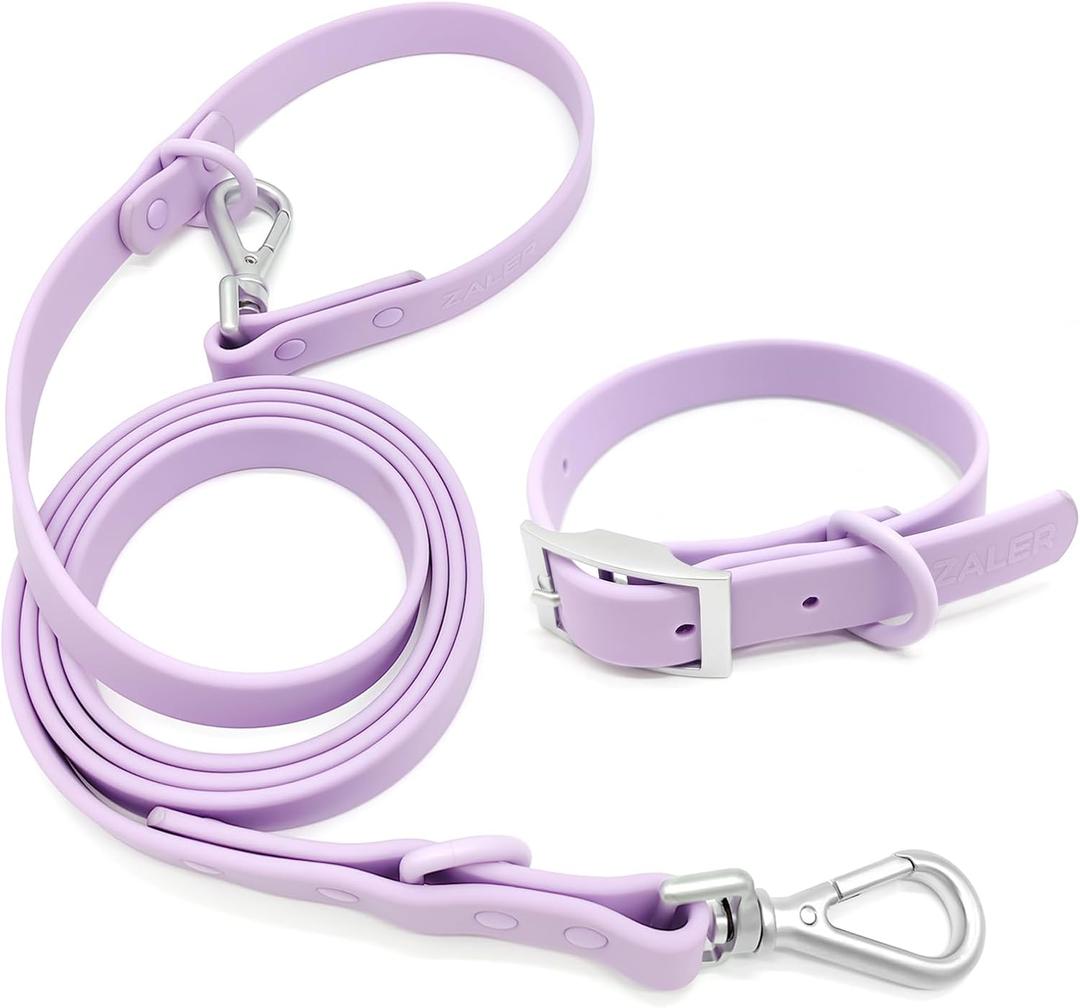 ZALER Dog Collar and Leash Set, Waterproof Adjustable Odor Proof Pet Collars Leashes Easy to Clean, 6FT Dog Leash with 2 Hooks for Large, Medium Small Dogs (M, Purple)