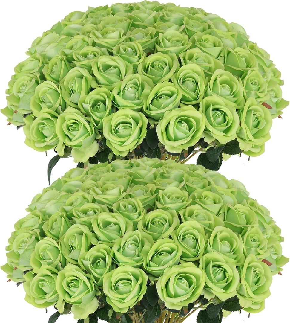 Hananona Artificial Roses in Bulk, Fake Silk Roses Realistic Green Roses for Wedding Centerpieces Flower Arrangement St Patricks Day Home Decor (50, Light Green)