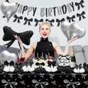 Black Bow Happy Birthday Decorations - Women Girls Bow Theme Party Decorations with Honeycomb Centerpieces, Banner, Foil Balloons, Tablecloth, Elegant Black Girly Birthday Party Decor for Girls Women
