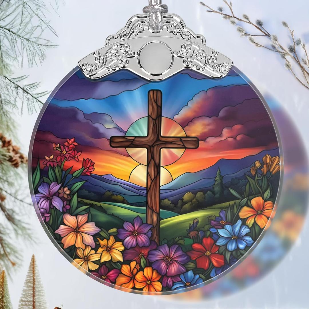 2 x Cross Spring Flower Stained Glass Orament - Christmas Ornament - Christmas Decorations for Tree - Holiday Present ldeas - Gift Exchange