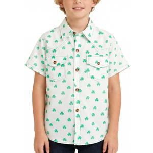 Boys Short Sleeve Button Down Shirt Casual Woven Summer Boys Dress Shirts with Two Pockets for Kids 5-12 Years (White)