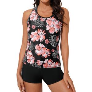 Aleumdr Womens Athletic 3 Piece Tankini Swimsuits with Shorts Swim Tank Tops with Sports Bra and Boyshorts Bathing Suits (Small, Pink Printed)