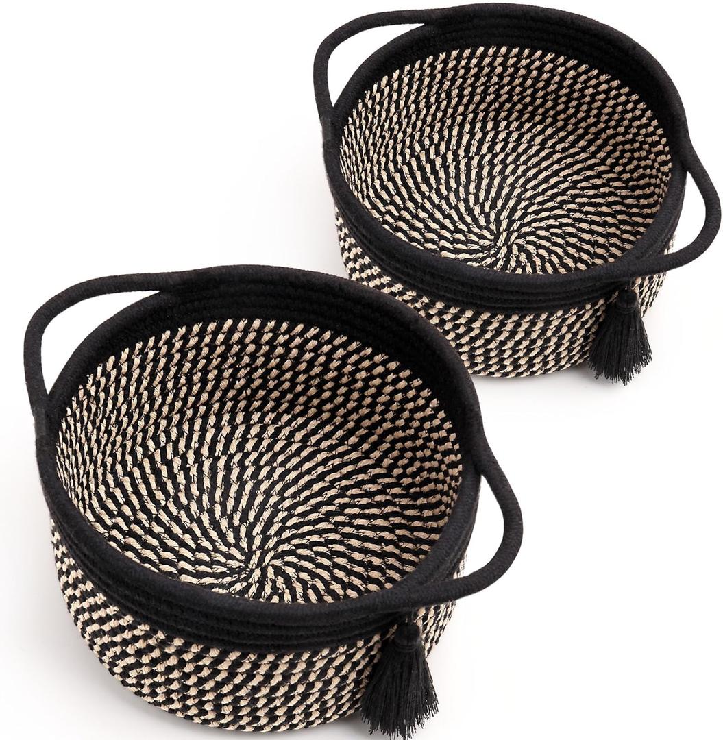 Small Woven Gift Basket Empty to Fill for Boys Man, Little Cotton Rope Bin for Desk, Bathroom, Shleves, Cute Decorative Plant Basket, 2 Pack, Pre-Shaped, With Gifts Bag & Ribbon, Rustic Black Brown