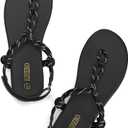 Rihero Rope Thong Sandals for Women Ankle Strap Slip On Comfortable Beach Flat Sandals (Black)