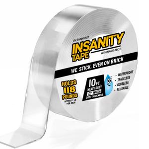 Insanity Heavy Duty Double Sided Mounting Tape Reusable Traceless Nano Gel Adhesive - Hang Pictures, Posters, Doorbell Cameras - Weatherproof - Hold Carpets, Mats & Rugs - Safe for Hardwood Floors (Thick & Wide: 1.2 in. x 120 in. x 0.08 in.)