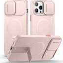 SURITCH for iPhone 13 Pro Max/12 Pro Max Case with Magnetic Camera Slide Cover and Adjustable Kickstand, Compatible with MagSafe, Shockproof Bumper Case Slim Protective Cover 6.7 Inch, Pink