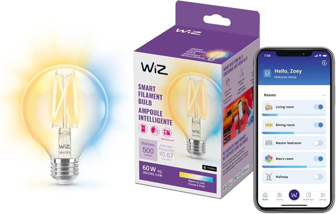 WiZ Connected 60W G25 Tunable White Filament Smart Light Bulbs - E26 LED Bulb - Control with Voice or App + Activate with Motion - Matter Compatible - 1 Pack