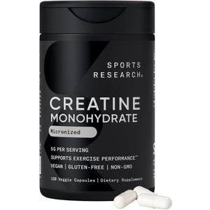 Sports Research® Creatine Monohydrate Capsules - Supports Workout Recovery, Lean Muscle gain, Performance and Strength* - Non-GMO, Vegan Certified - 5g per Servings - 30 Servings, Best By 10/2028