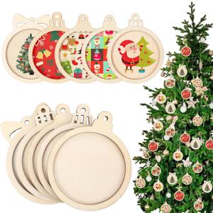 Gerrii 30 Pcs Christmas Wooden Ornaments to Paint 4 Inch DIY Unfinished Blank Round Wood Cutouts Wooden Discs Slices Hanging Ornaments for Christmas Holiday Xmas Tree Decoration DIY Crafts in 5 Shapes