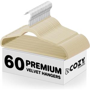 Cozymood Beige Velvet Hangers 60 Pack, Non-Slip, Durable Clothes, Space Saving Suit Hangers, No Shed, 360 Rotating Hook