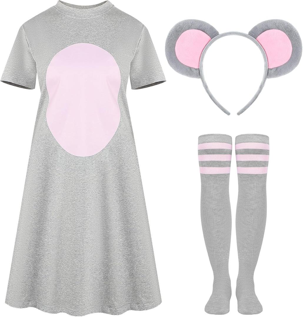Sureio 3 Pcs Halloween Mouse Costume Accessory Set Rat Ears Headband T Shirt Skirt Striped High Socks for Women Cosplay Party (Small)