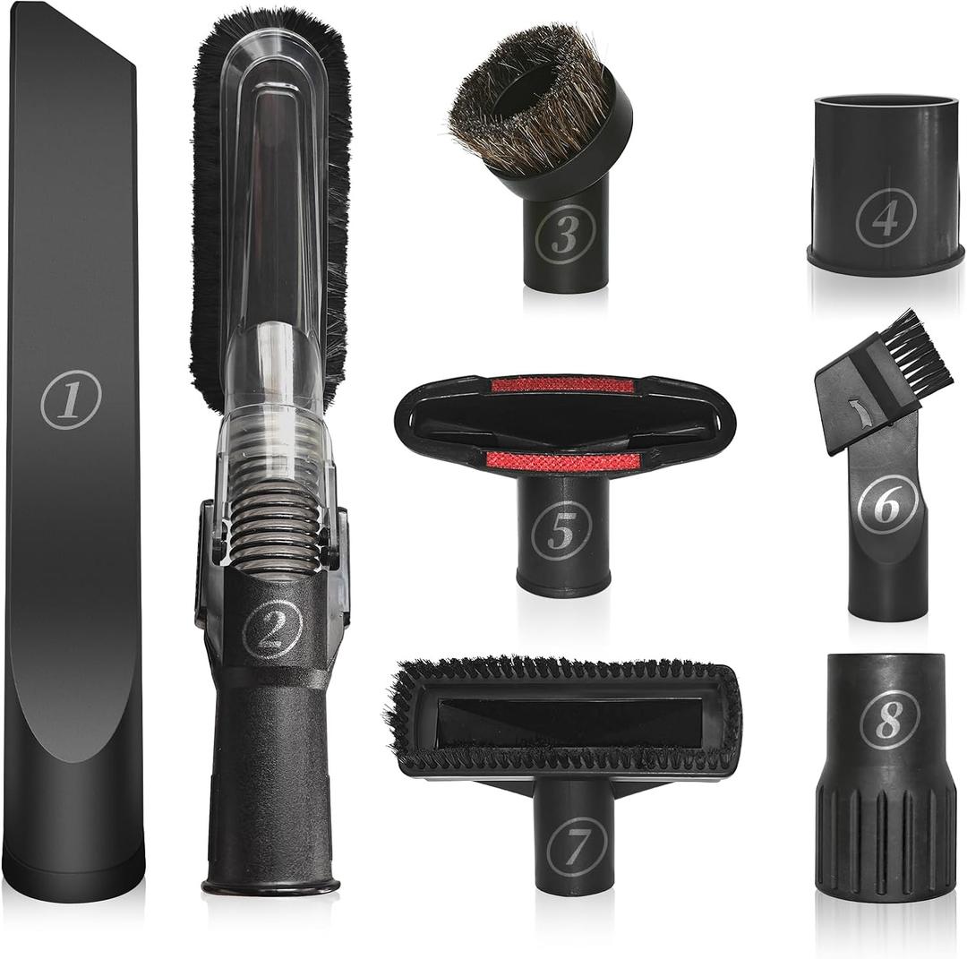 Universal Vacuum Attachments & Brushes, 8-Piece Small Portable Shop Vac Accessories with Adapter Kit for Car Detailing, Home, Pet Hair Cleaning  Fits Most Standard Vacuums