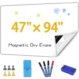 Magnetic Whiteboard Contact Paper, 47" x 94" Stick on Magnetic Dry Erase White Board Sticker on Wall, Easy to Write for Drawing, School, Office, Kitchen Fridge
