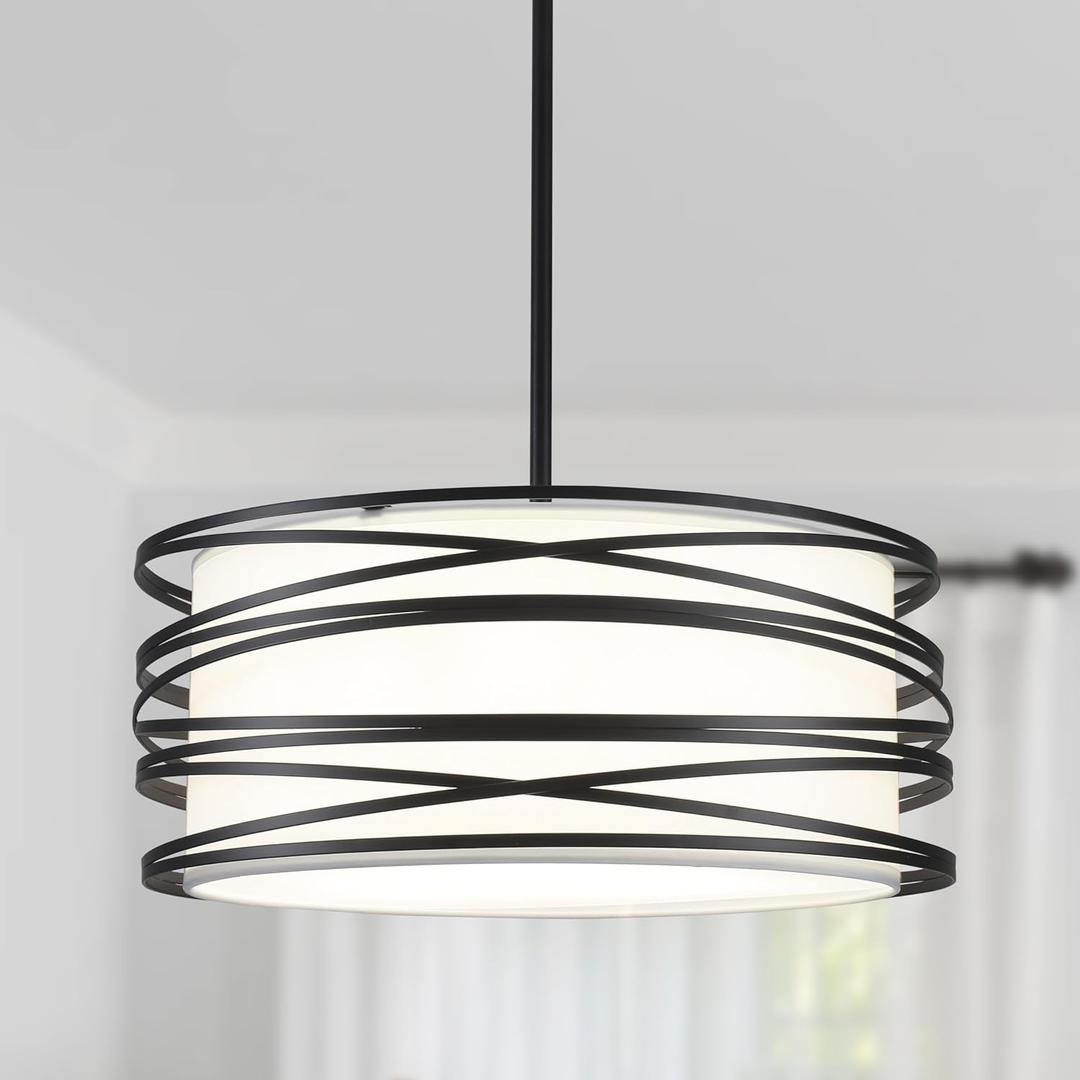 16" Black Drum Pendant Lighting Kitchen Island 3-Light Modern Farmhouse Chandelier with White Fabric Shade Rustic Hanging Light Fixtures for Dining Room Hallway Bedroom Foyer (16 inch, Black)