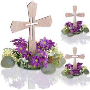 Novabright 3 Pcs Wooden Cross Table Centerpieces with 3 Pcs Floral Wreaths Standing Religious Decorations for First Communion, Baptism, Christening, Confirmation, Wedding Decor (Purple Wreath)