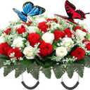 Lodou Artificial Cemetery Flowers for Grave,Large Headstone Flower Saddle Realistic Grave Flowers Memorial Silk Rose Flowers with Butterflies for Headstone Grave Decoration Non-Fading Easy Fit (Red)