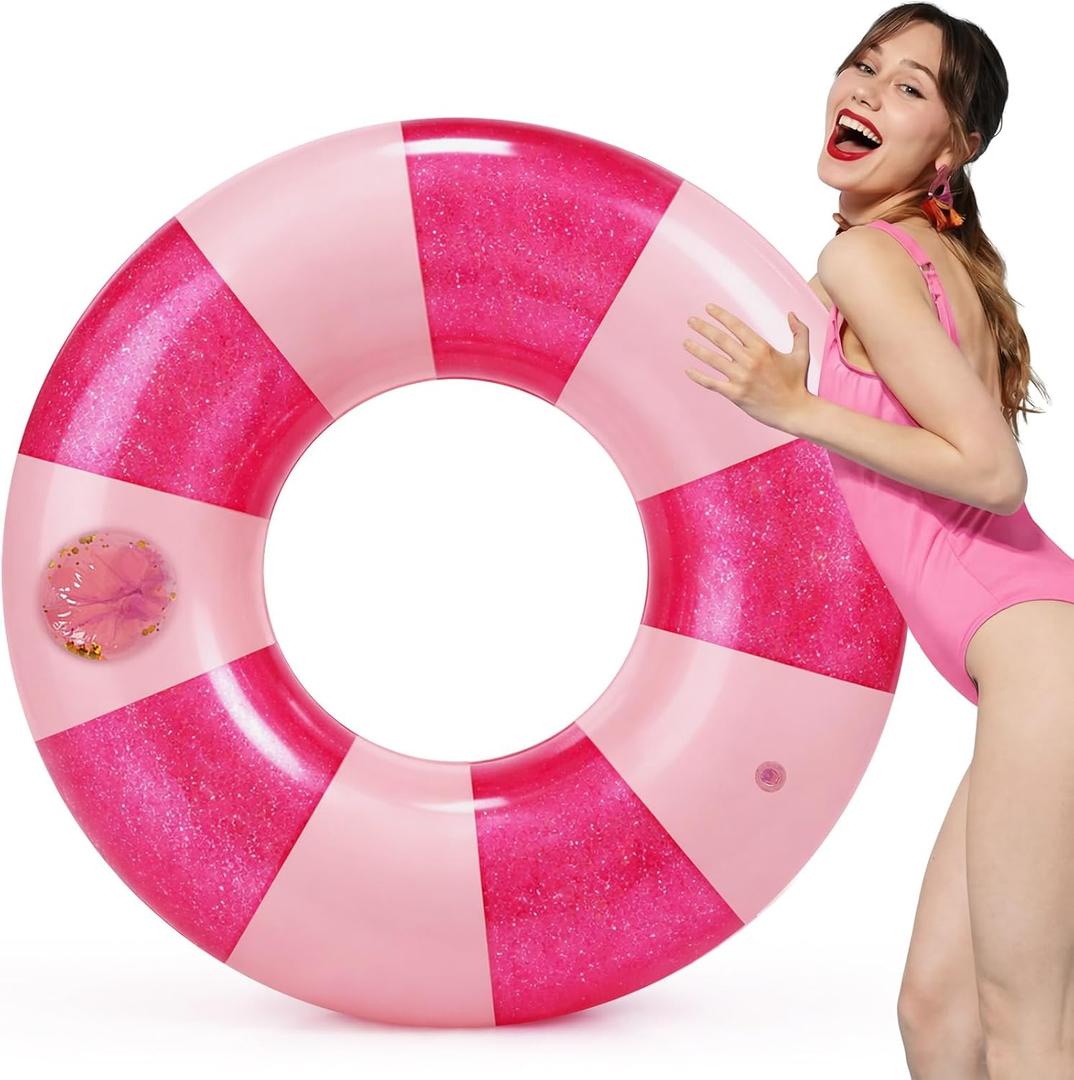 48" Giant Glitter Inflatable Swim Floats with Large Cup Holder Jumbo Pink Striped Pool Ring Fun Print Pool Lounger Tube for Adult Summer Swimming Beach Party Supplies
