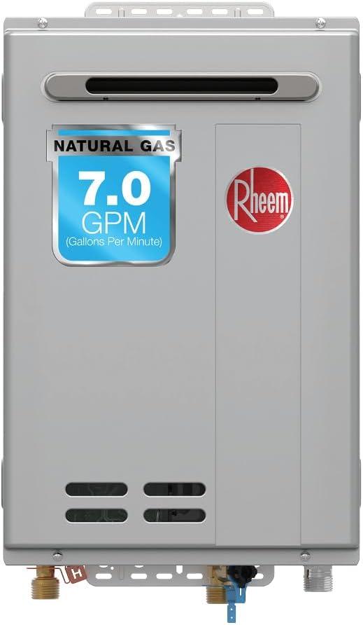 Rheem RTG-70XLN-3 High Efficiency Non-Condensing Outdoor Tankless Natural Gas Water Heater, 7.0 GPM, Gray