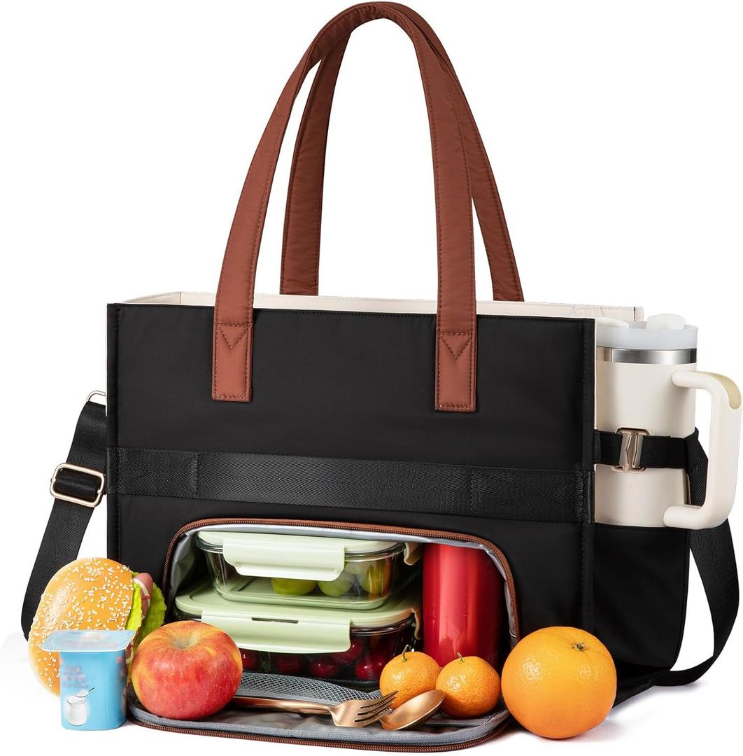 LOVEVOOK Teacher Tote Bag for Women,Multi-pocket Laptop Bag with Large Cup Holder,Nurse Bags Work Travel Computer Handbag (15.6 inch-lunch tote with long strap, Black Cream Brown-lunch Tote)