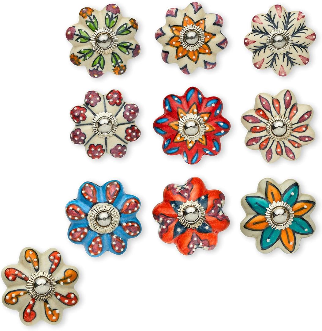 Set of 10 Handmade Flower Ceramic Knobs | Colorful Multi Design Ceramic Cabinet Knobs | Drawer Pulls Ideal for Home, Kitchen or Office | Drawer Knobs Comes with 1 Wrench, Screw Cap & Bolts
