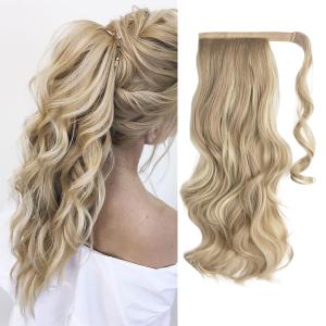 CJL HAIR 18" Long Ponytail Hair Extension Wrap Around Pony Tail Clip in Curly Wavy Synthetic Fake Hairpiece for Women Dirty Blonde