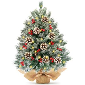 24 Inch Realistic Snowy Tabletop Christmas Tree Small Christmas Tree with 50 Warm Lights Battery Operated Xmas Tree Berry Pinecone Burlap Base Indoor Home Table Christmas Decorations