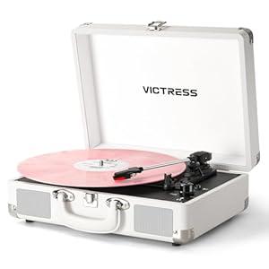 VICTRESS Vinyl Record Player, Portable Record Player with Bluetooth Input/ Output & PC Recording, 3-Speed Turntable Vinyl Player with Built-in Speakers, RCA Output, AUX Input, Headphone Jack, White