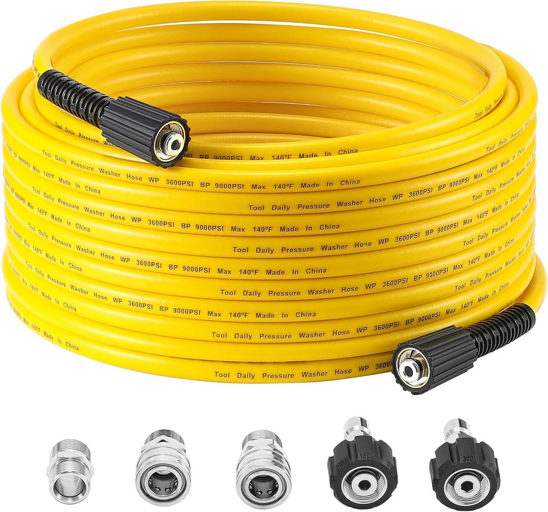 Tool Daily Pressure Washer Hose 100 FT X 1/4", Power Washer Replacement Extension Hose with M22 14mm Fitting, Kink Resistant,3/8" Quick Connect Kit For Gas & Electric Pressure Washer, 3600 PSI
