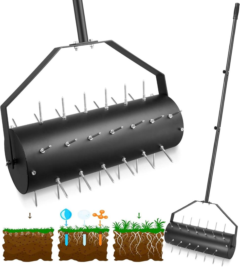 18-inch Rolling Lawn Aerator Tool, 50"-70" Handle Heavy Duty Spike Aerator with Sandbag, 40 Iron Spikes Tighten with Patience, Manual Rolling Aerator Lawn for Yard Garden