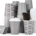 JOLLY PARTY [100 Sets] 12 oz Paper Coffee Cups, Disposable Coffee Cups with Lids, Sleeves and Straws, Hot Cold Beverage Drinking Cup for Water, Coffee or Tea, To-Go Cup Suitable for Office and Travel