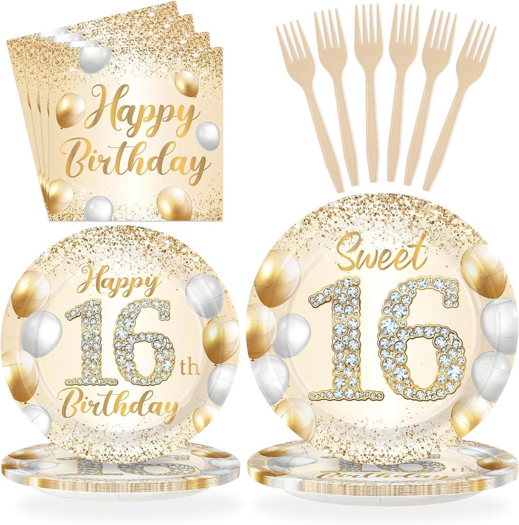 96Pcs Happy 16th Birthday Decorations Sweet Girl 16 Plates and Napkins Tableware Sets White and Gold Glitter Sixteen Birthday Decorations for Girls 16 Years Old Birthdays Party Supplies Serves 24