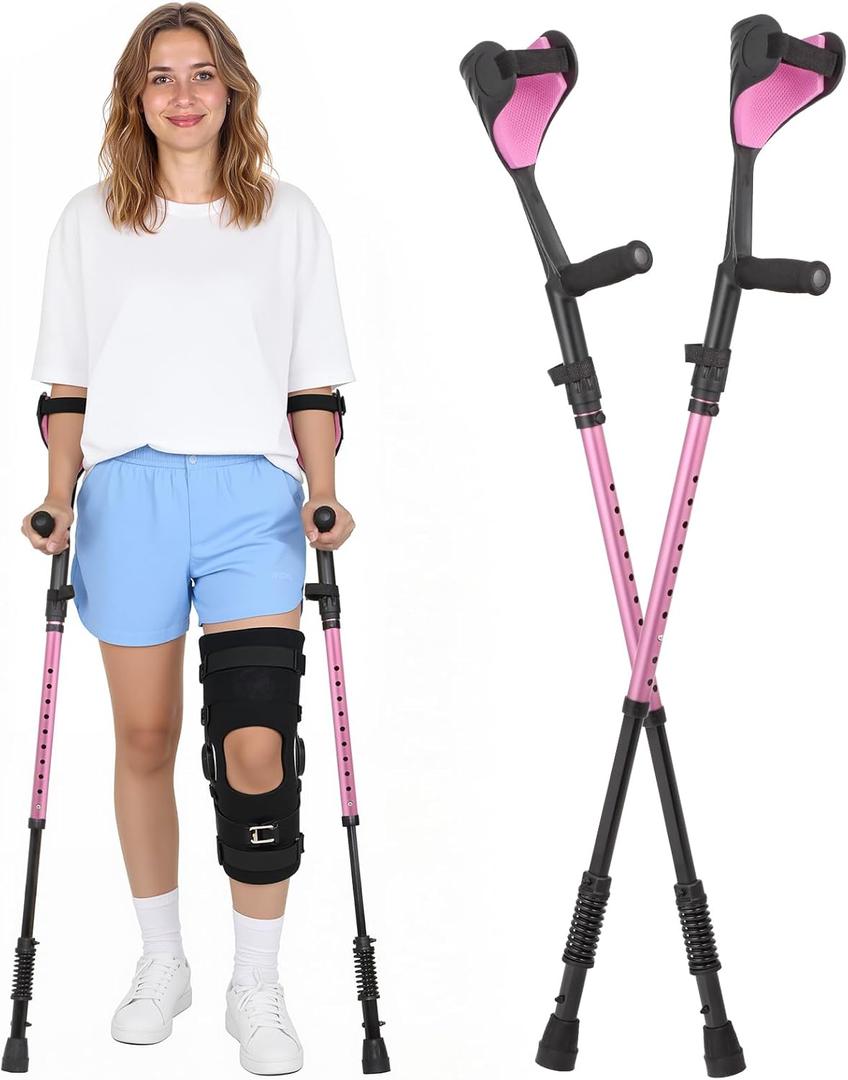 Ergonomic Forearm Crutches Spring Assist Crutches for Adults,Comfortable and Height Adjustable Arm Crutches Forearm with Anti-Slip Base,Walking Crutches with Cuffs (Pink)