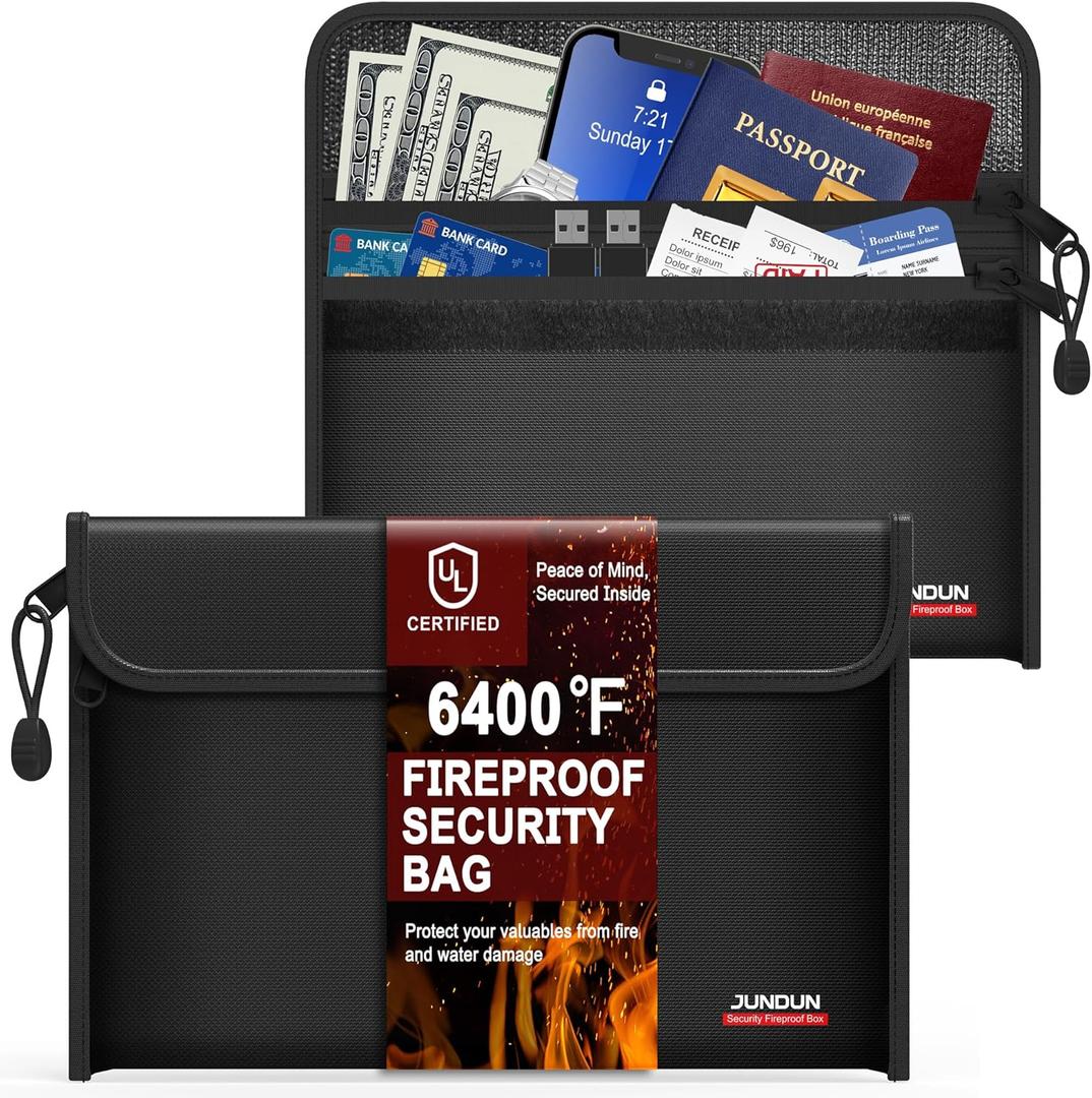 JUNDUN 6400℉ Fireproof Money Bag,8.6”x 5.9” Dual Zippers Fireproof Money Bag for Cash,12 Layer Heat Insulated Small Fireproof Envelope Pouch for Money,Cash,Card and Passport,Pack of 2