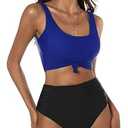 ZAFUL Women's Knot Scoop Neck Bikini Set Ruched High Waisted Two Piece Swimsuits Tankini 2025, Blue Black, XL