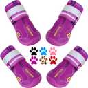 QUMY Dog Boots Waterproof Shoes for Dogs with Reflective Strips Rugged Anti-Slip Sole Black 4PCS (Size 8: 3.0''x3.3(WL) for 74-88 lbs, Purple)