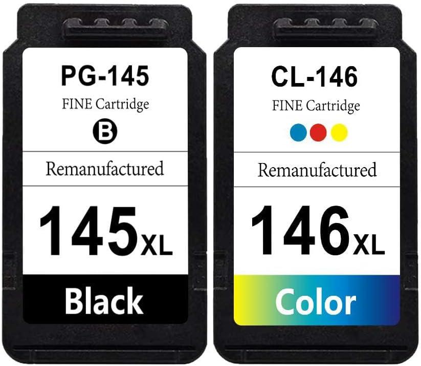 Remanufactured for Canon Ink Cartridges 145XL and 146XL PG-145XL CL-146XL Replacement Ink for MG2510 TS3110 IP2810 MG2410 MG2910 MG3010 Printers Muti Pack 1 Black 1 Color