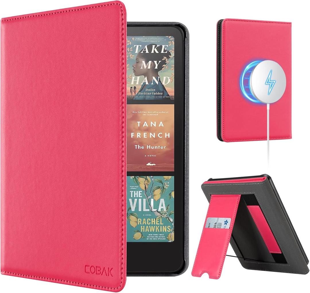 CoBak Case with Stand for Kindle Paperwhite 12th Gen 2024 Released (7") & Kindle Colorsoft Signature Edition - Durable PU Leather Cover with Auto Sleep Wake, Card Slot, Hand Strap Feature, Raspberry
