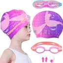 Kids Swim Caps for Girls, Toddler Silicone Swimming Cap for Kids, Durable Comfortable Swimming Caps for Girls (Age 6-12, Purple Mermaid)