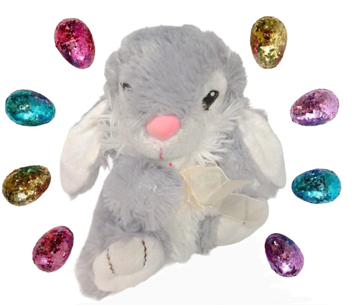 Dan Dee Collector's Choice Easter Bunny Gray White Bow Plush Stuffed Animal 7.5 and Glitter Easter Eggs (Multicolor, 8pcs)