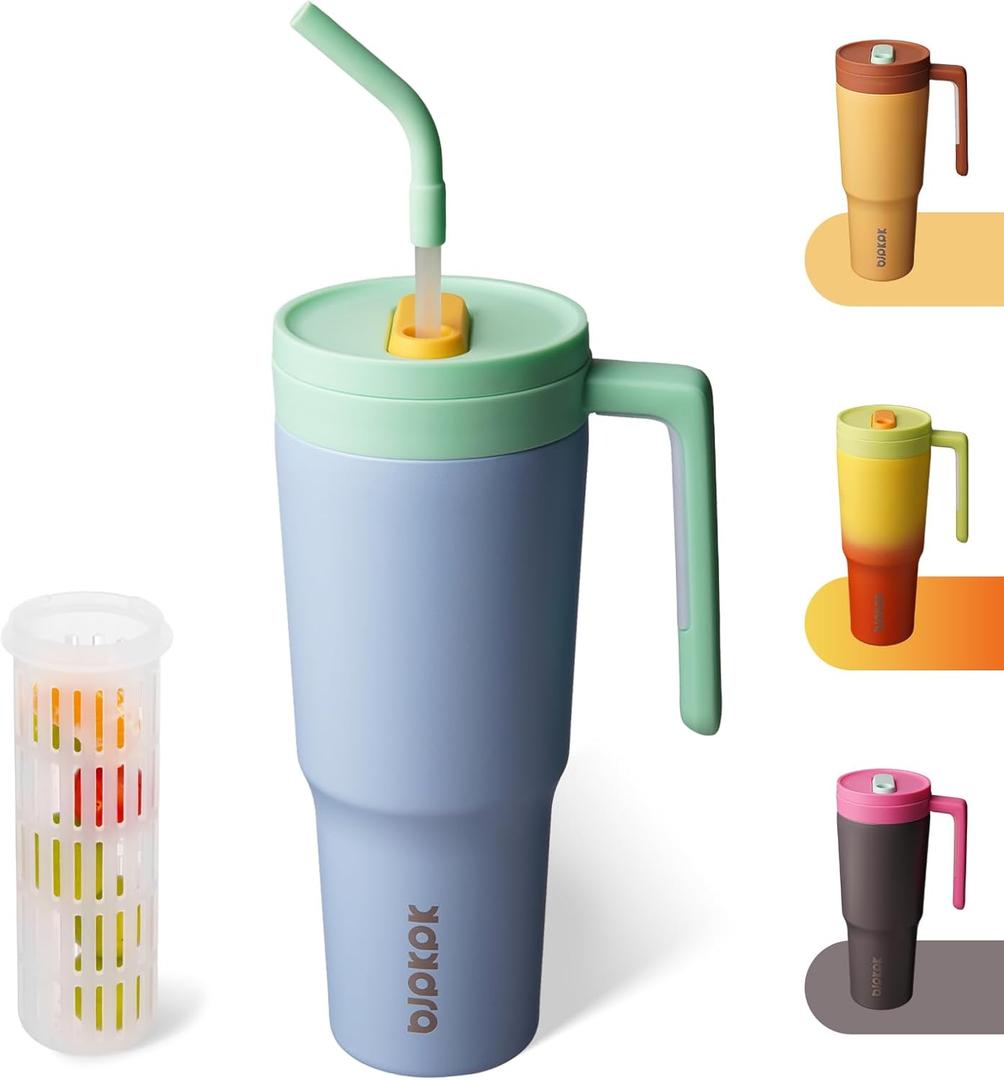 BJPKPK Insulated Tumblers With Handle And Straw 40oz Stainless Steel Travel Coffee Mug Tumbler Cups With Lid And Fruit Infuser,Sky Blue