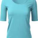 SSOULM Women's 1/2 Sleeve Scoopneck Cotton T-Shirt - Basic Slim Fit Stretch Top (Blue, L)