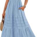 MEROKEETY Women's 2026 Summer Flowy Midi Maxi Dress Short Sleeve Square Neck Smocked Tiered Ruffle Boho Dresses with Pockets (Blue, L)